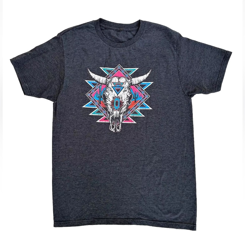 Western Aztec Steer Horns Bull Southwestern Grey Turquoise NWOT Size M